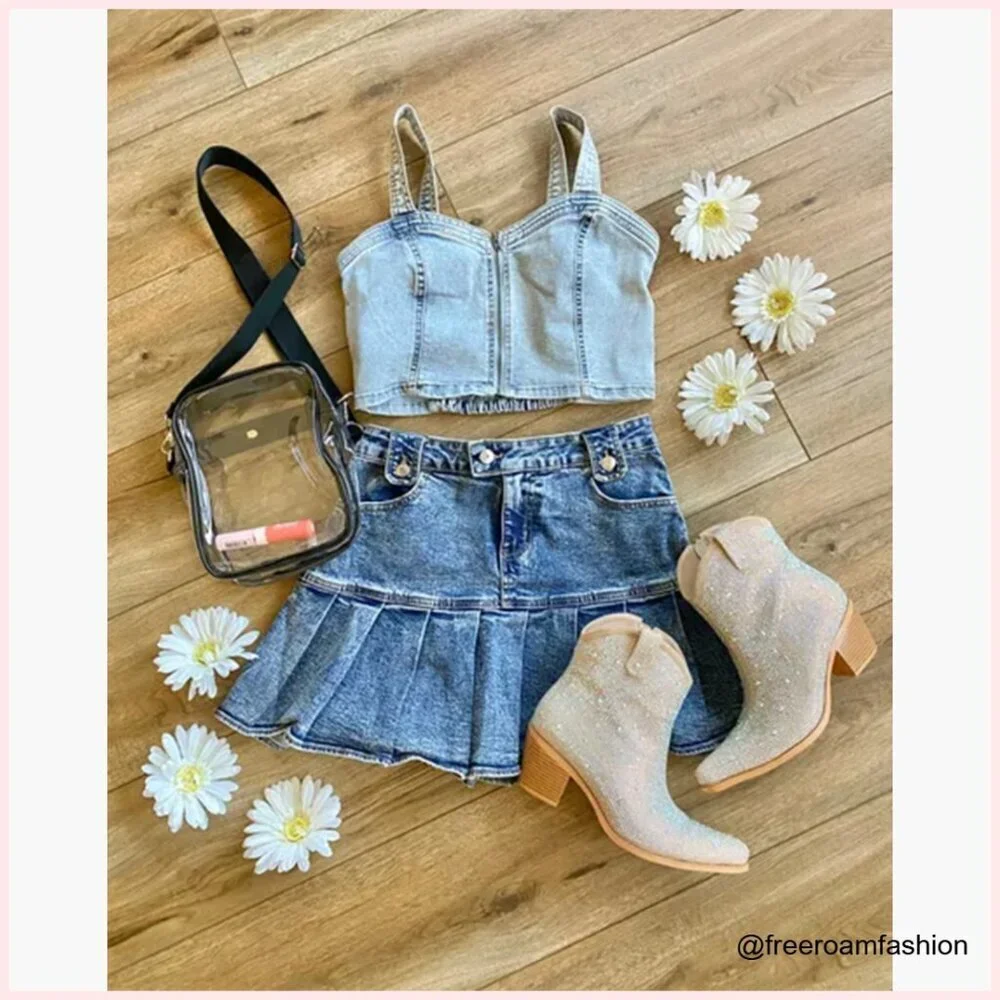 Low Waist Denim Skort with Built-in Shorts, A-line Ruffle Pleated Mini